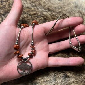 Vintage buffalo nickel, brown agate and silver toned liquid silver type necklace